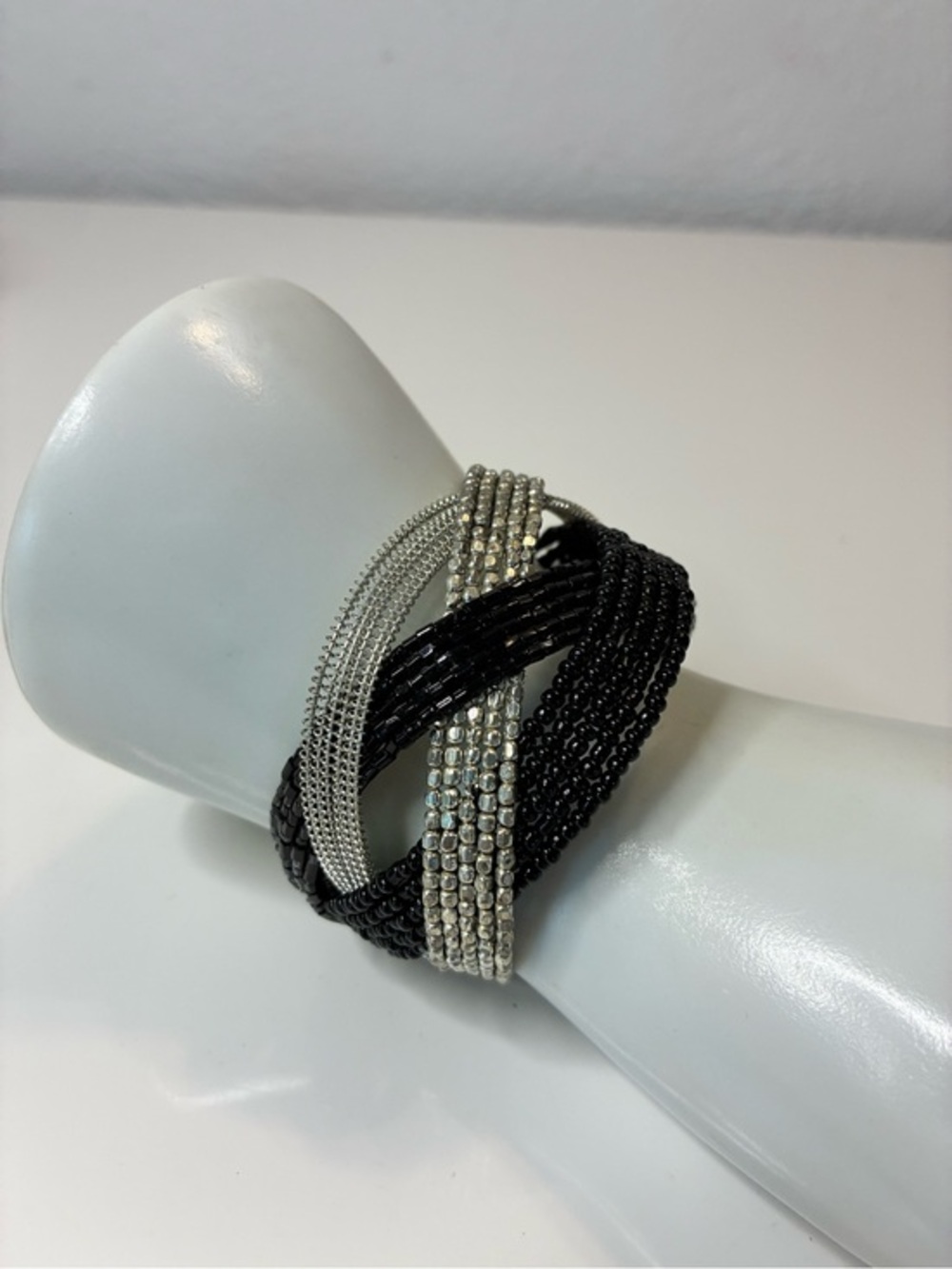 Contemporary Black and Silver Twisted Multi-Strand Bracelet